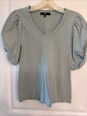 7 For All Mankind Light Sage Puff Sleeve V-Neck Tee
